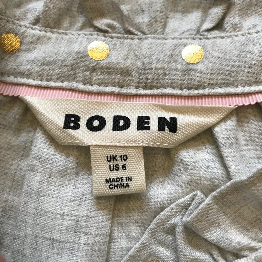 Boden Isla Frill Metallic Dot Shirt Blouse Womens 6 Gray Gold Long Sleeve Ruffle - Picture 6 of 12